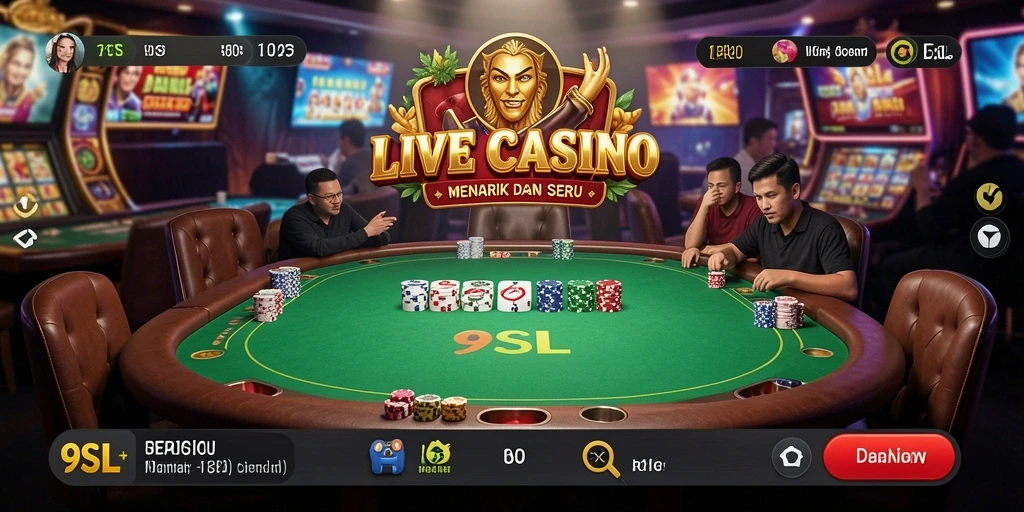 Screenshot permainan 9SL menampilkan dealer profesional dan suasana kasino yang nyata.