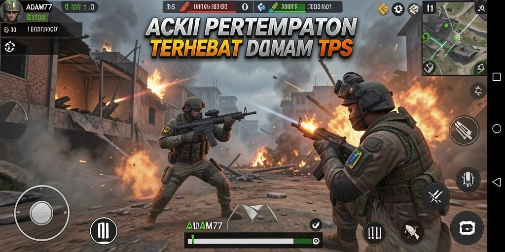 Screenshot utama ADAM77 menampilkan aksi seru dalam pertempuran TPS.