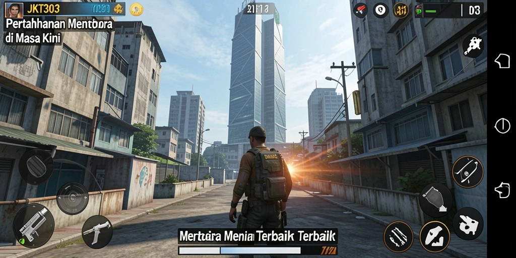 Gameplay seru JKT303 dengan menara dan musuh yang menantang.