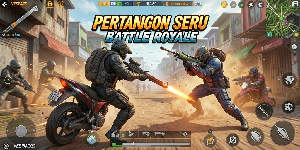 Screenshot gameplay VESPA69 menampilkan aksi Battle Royale yang mendebarkan.